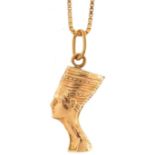 Egyptian Revival gold Nefertiti bust pendant on an Italian 18K gold box link necklace, 2.3cm high