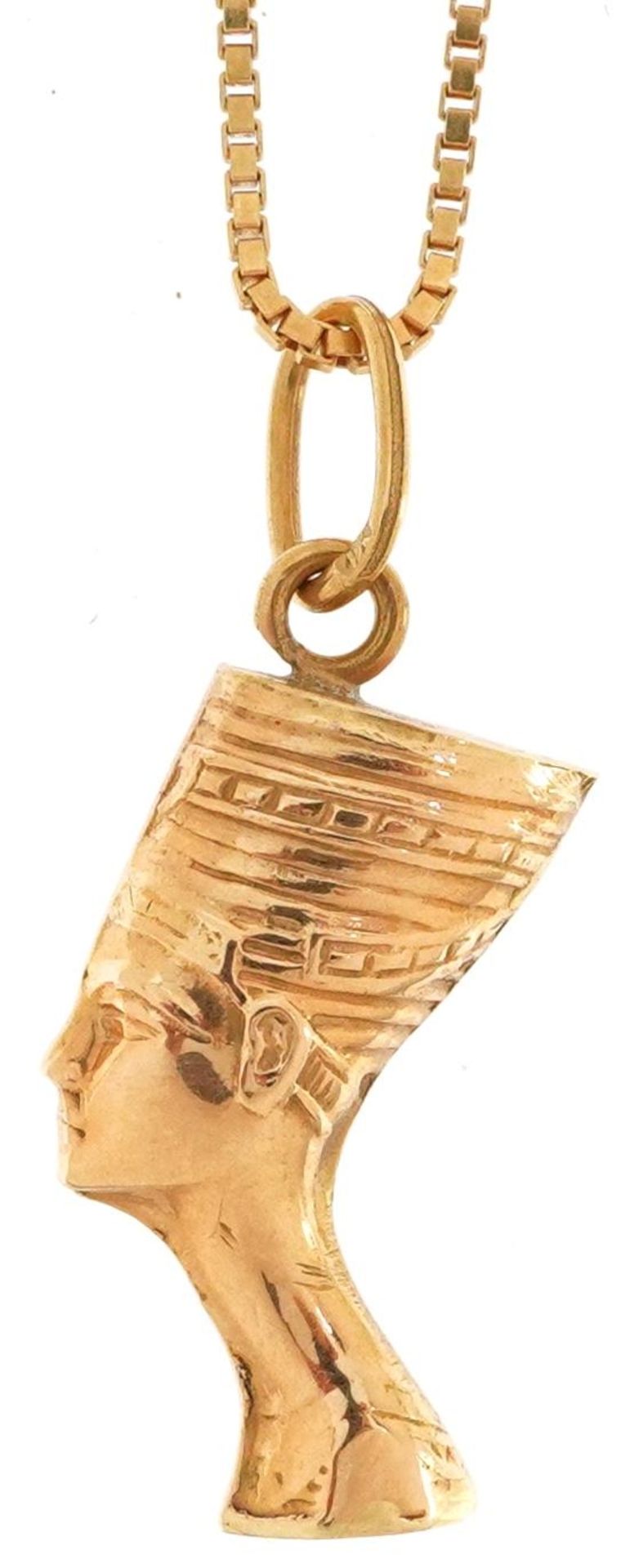 Egyptian Revival gold Nefertiti bust pendant on an Italian 18K gold box link necklace, 2.3cm high