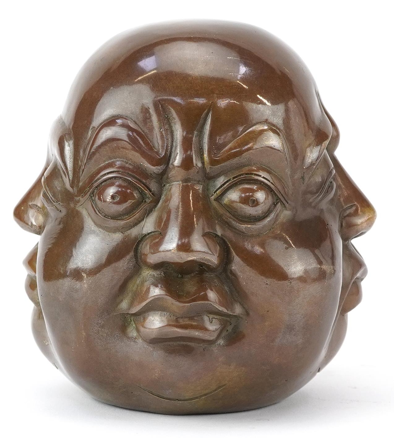 Chinese patinated bronze four face Buddha paperweight, character marks to the base, 12cm high - Image 4 of 8