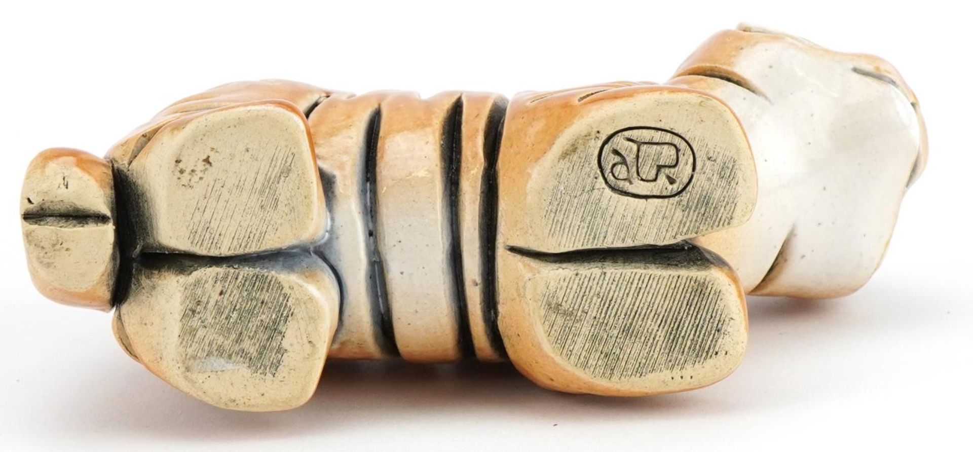 Mid century style stylised pottery tiger, incised marks to the base, 13.5cm in length - Image 7 of 8