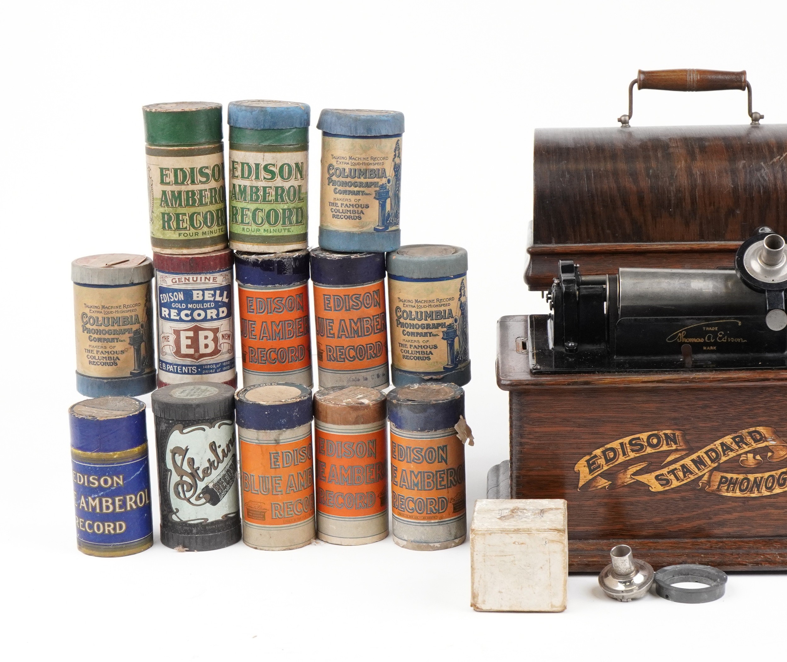 Victorian Thomas Edison oak cased phonograph with various Amberol record cylinders, the phonograph - Image 2 of 4