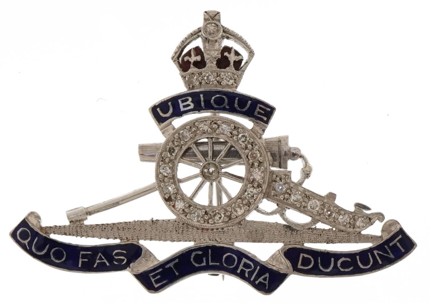 Military interest 18ct white gold, diamond and enamel Royal Engineers sweetheart brooch, 4cm wide,