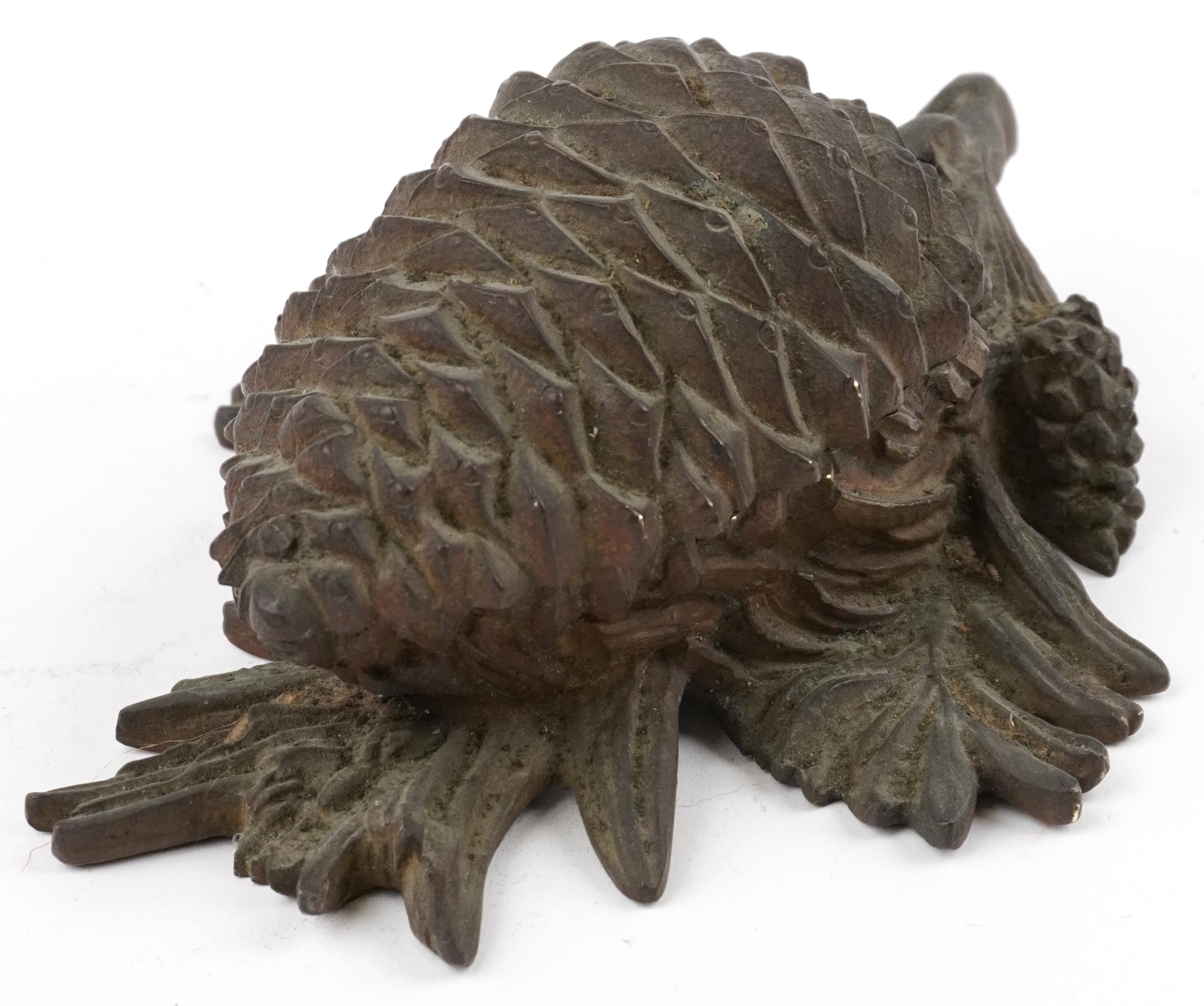 19th century French patinated bronze desk inkwell in the form of a pinecone, 15.5cm in length