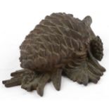 19th century French patinated bronze desk inkwell in the form of a pinecone, 15.5cm in length
