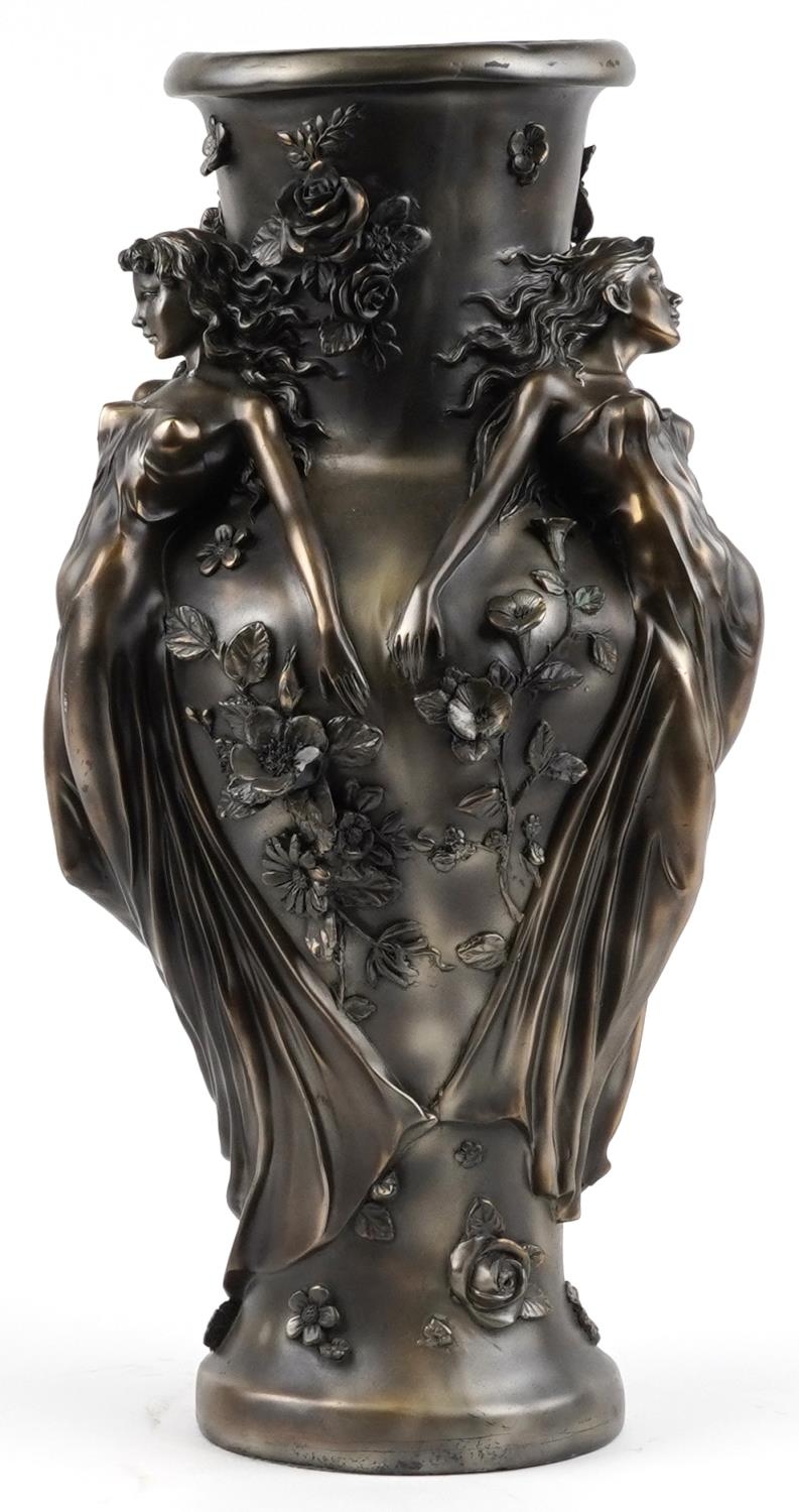 Large Art Nouveau style bronzed vase decorated in relief with three maidens and flowers, 61cm high - Image 2 of 3