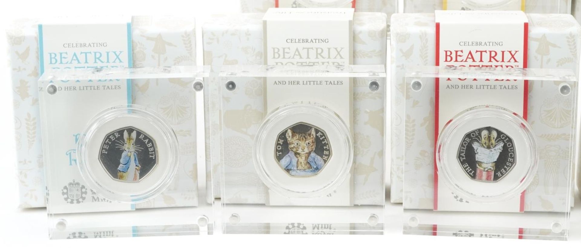 Eight Beatrix Potter silver proof fifty pence pieces by The Royal Mint, housed in Perspex slabs with - Image 2 of 4