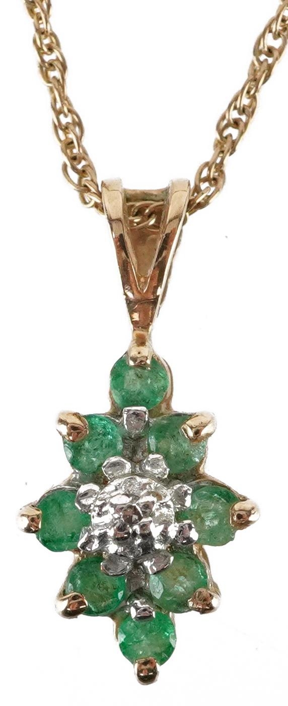 9ct gold diamond and emerald cluster pendant on a 9ct gold necklace, 1.6cm high and 40cm in