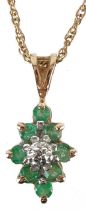 9ct gold diamond and emerald cluster pendant on a 9ct gold necklace, 1.6cm high and 40cm in
