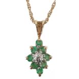 9ct gold diamond and emerald cluster pendant on a 9ct gold necklace, 1.6cm high and 40cm in