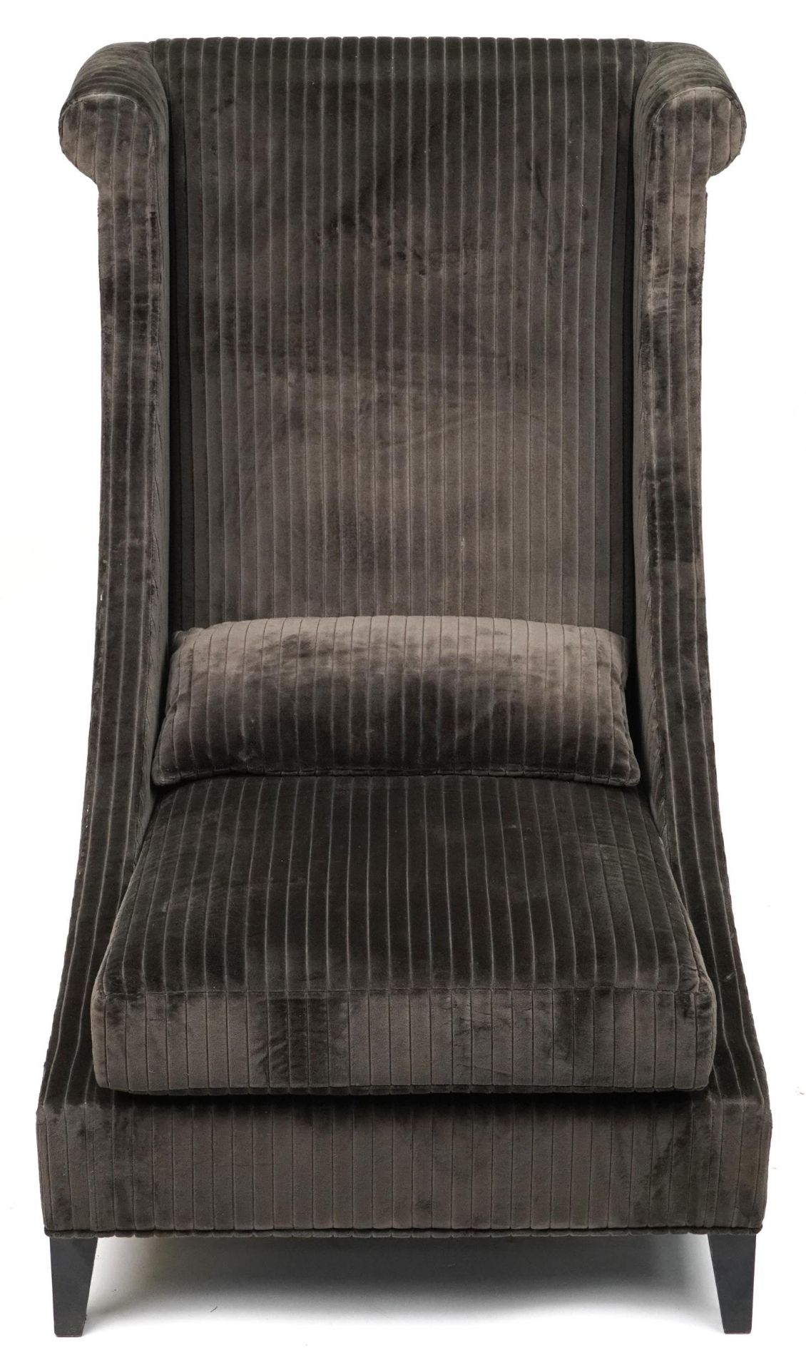 Contemporary dark olive green upholstered throne lounge chair with ebonised legs and cushion, - Image 2 of 4