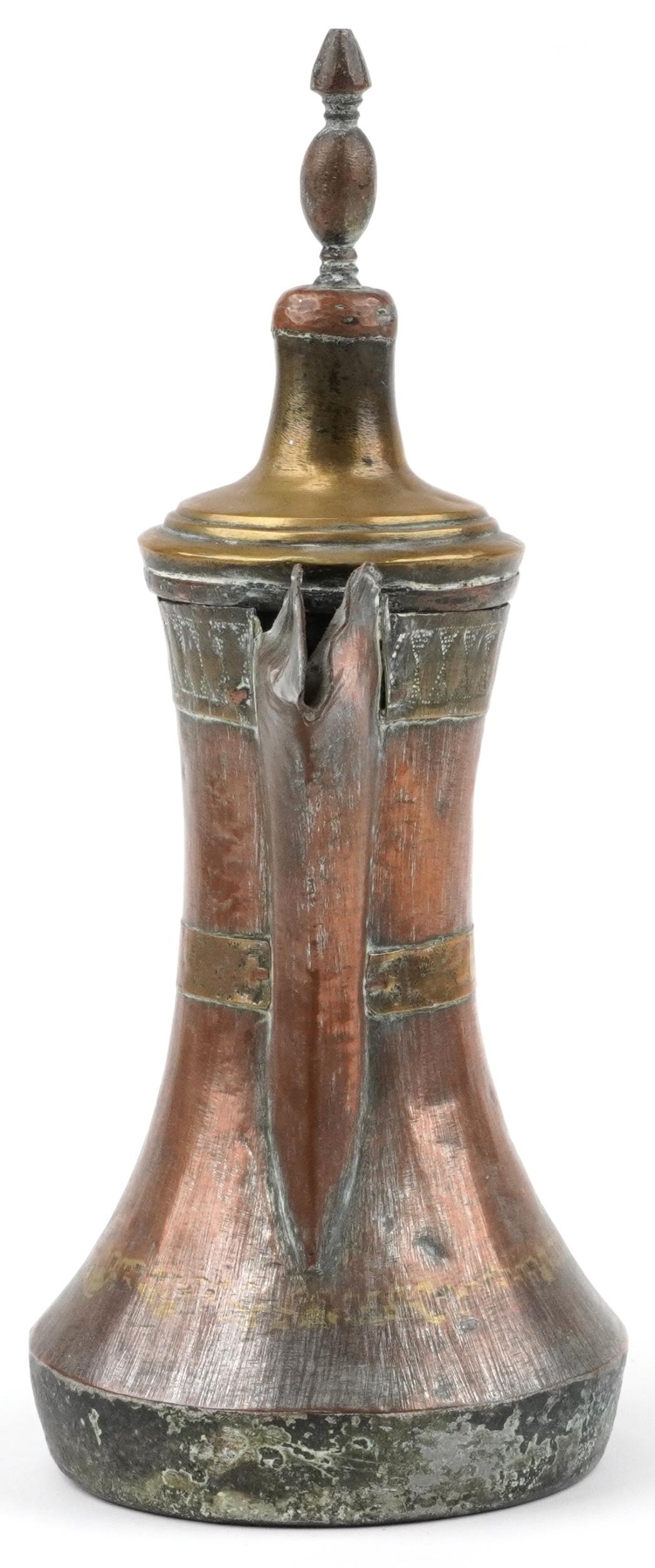 Antique Omani copper and brass dallah coffee pot with foliate engraved bands, 23cm high - Image 5 of 8