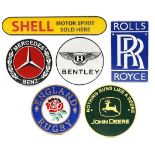 Six sporting and automobilia interest painted cast iron plaques including Rolls Royce and Shell