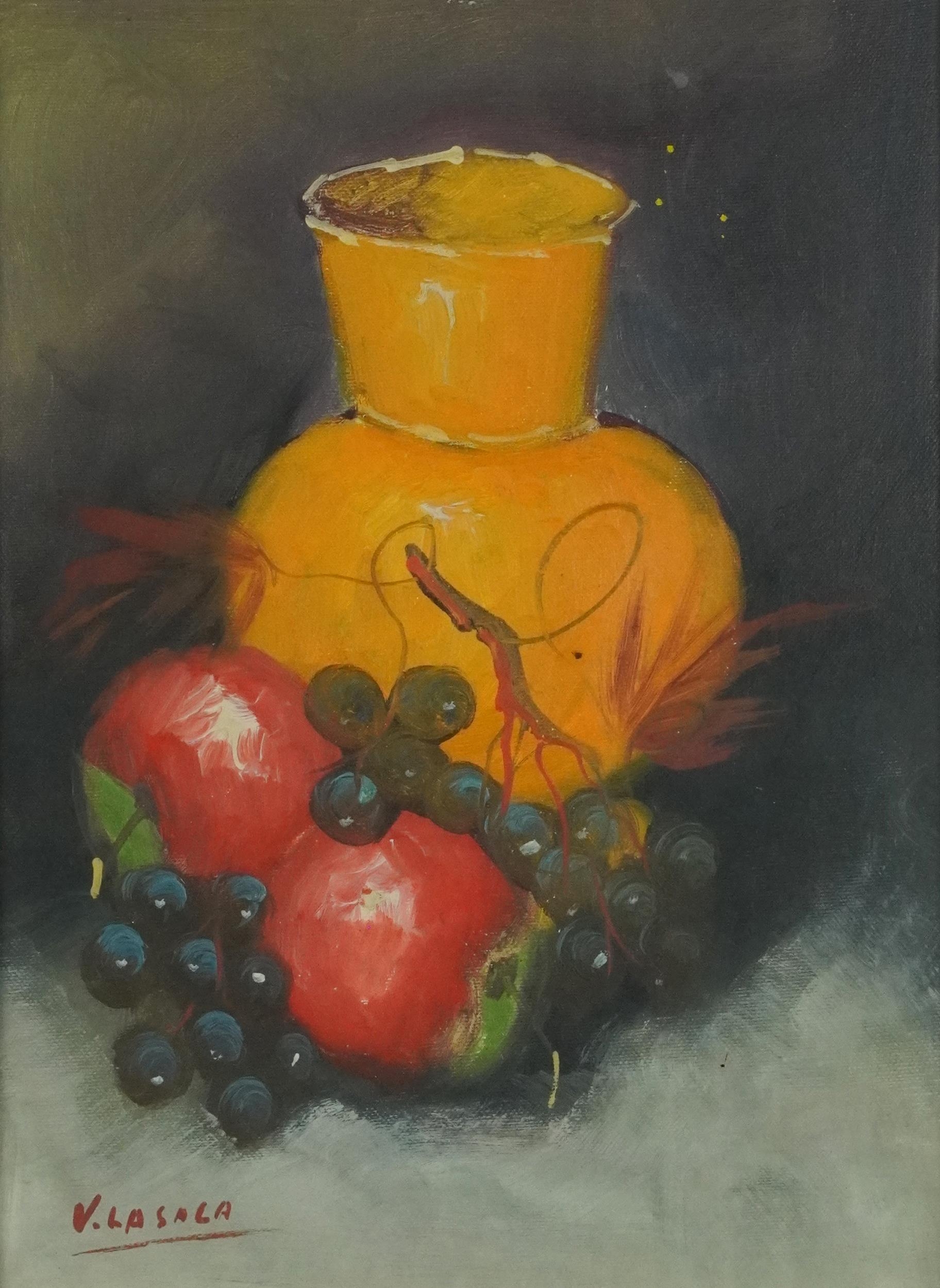 V La Sala - Still life fruit and vessels, pair of Spanish school oils, mounted, framed and glazed, - Image 2 of 9