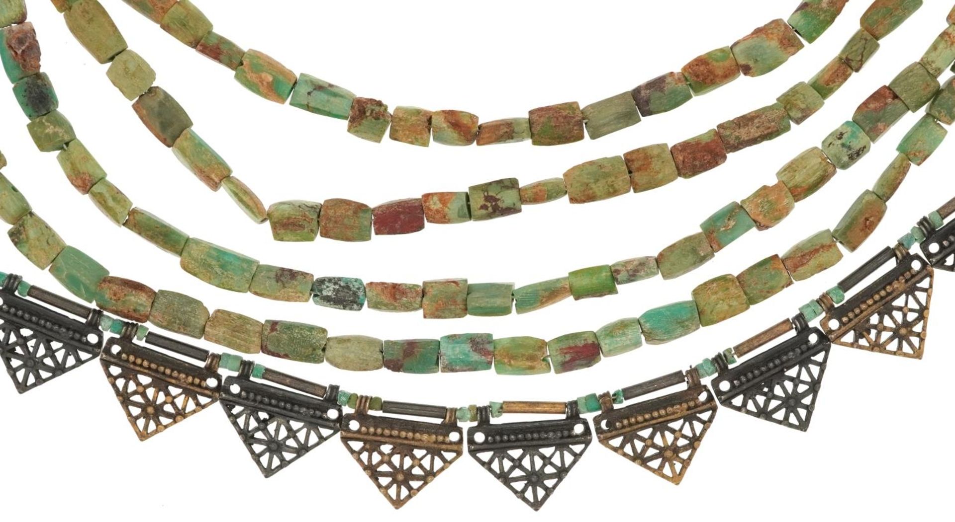 Egyptian Revival silver and faience turquoise five row necklace, 40cm in length, 56.2g