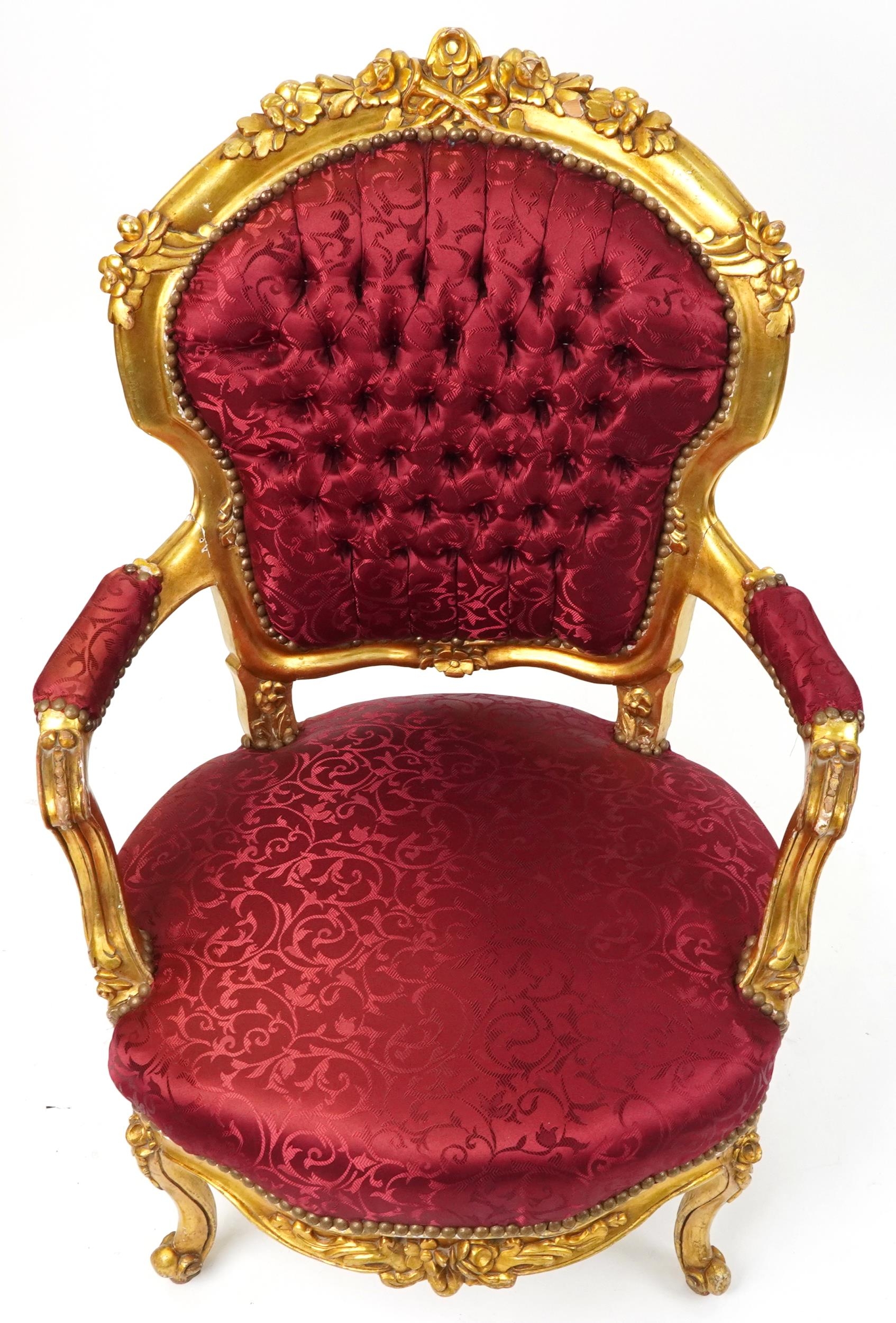 French Louis XV style elbow chair carved with flowers having red part silk floral button back - Image 3 of 4