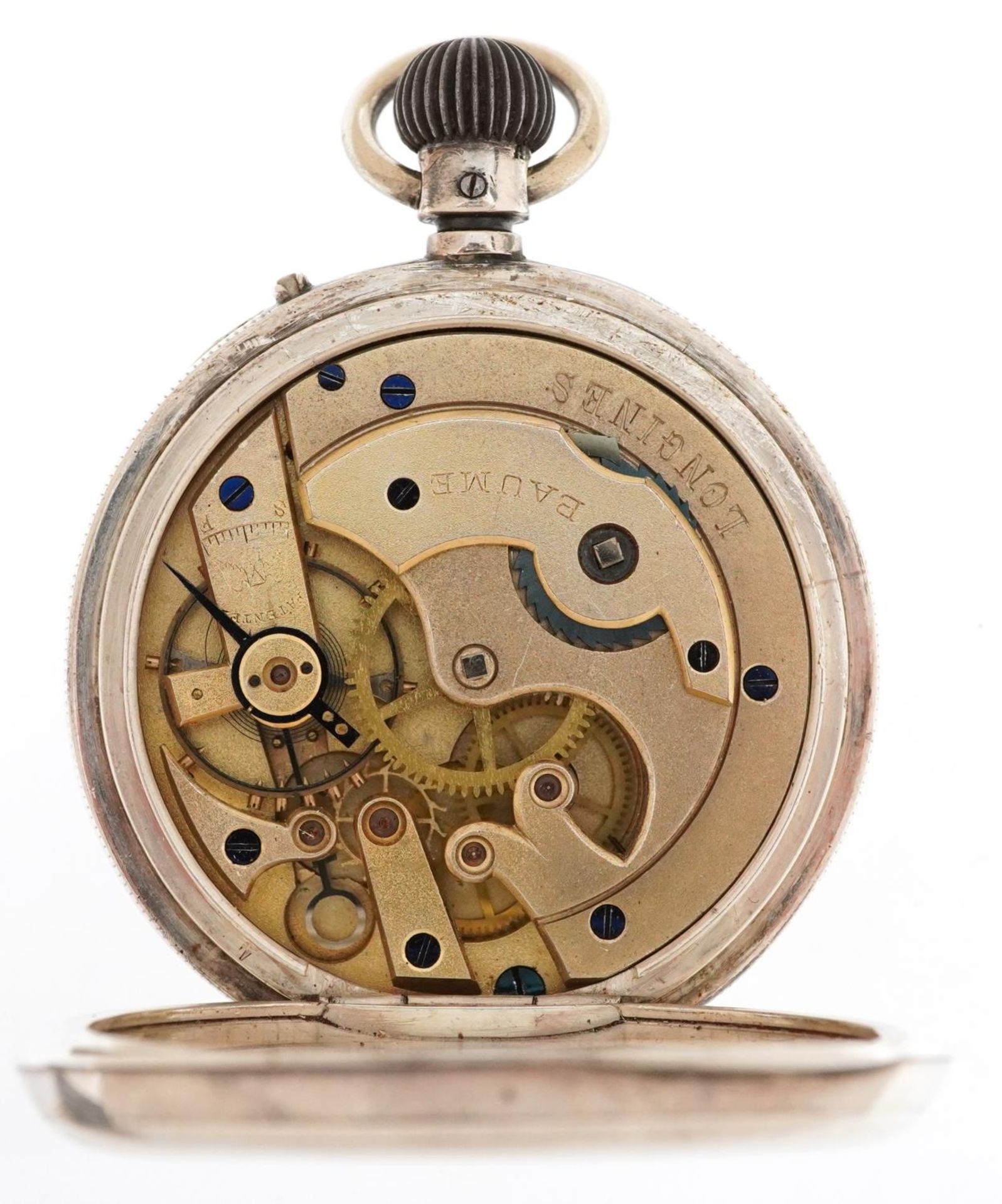 Longines, Victorian silver open face keyless pocket watch having enamelled and subsidiary dials with - Bild 4 aus 6