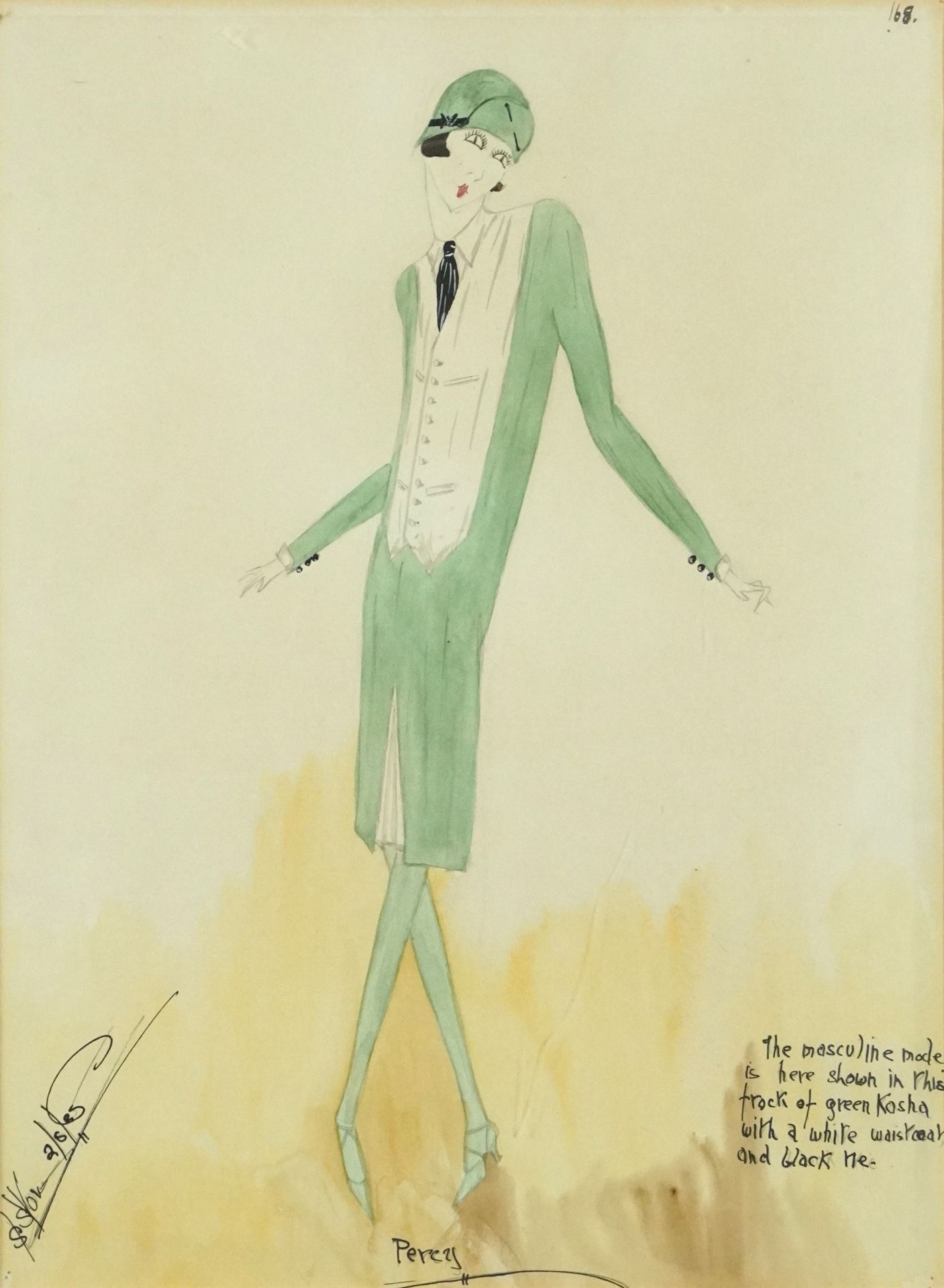 Female wearing a green Kosha frock with white waistcoat and black tie, Art Deco pencil and