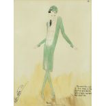 Female wearing a green Kosha frock with white waistcoat and black tie, Art Deco pencil and