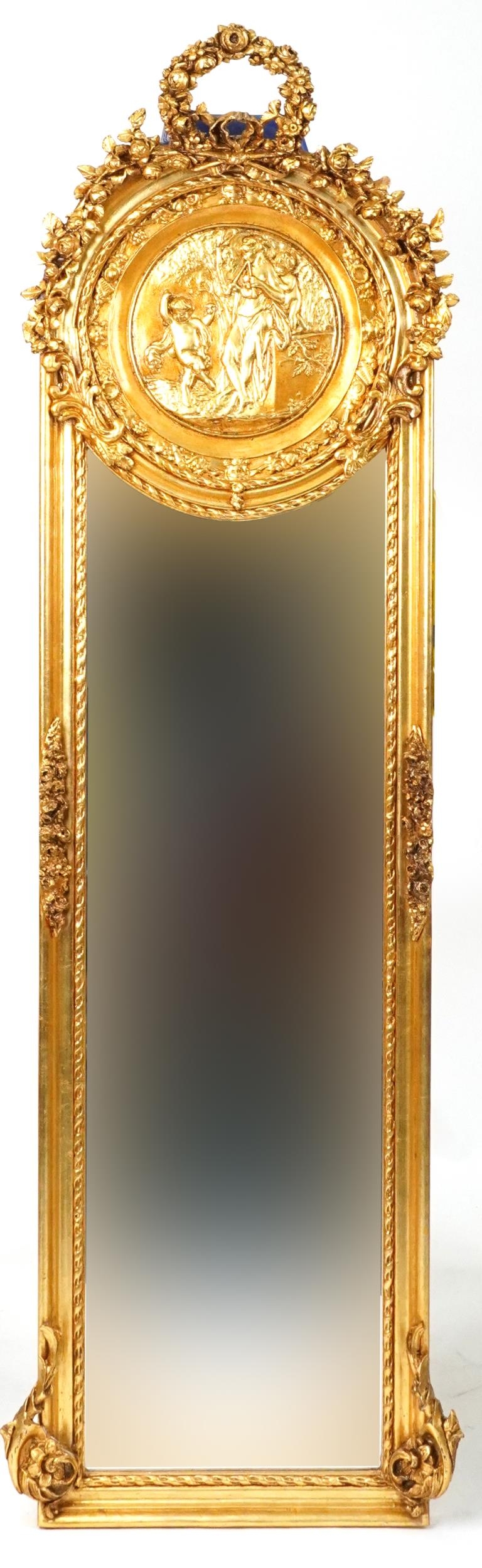 M pair of French Empire style ornate gilt framed wall mirrors with wreath crests and bevelled glass, - Image 2 of 6