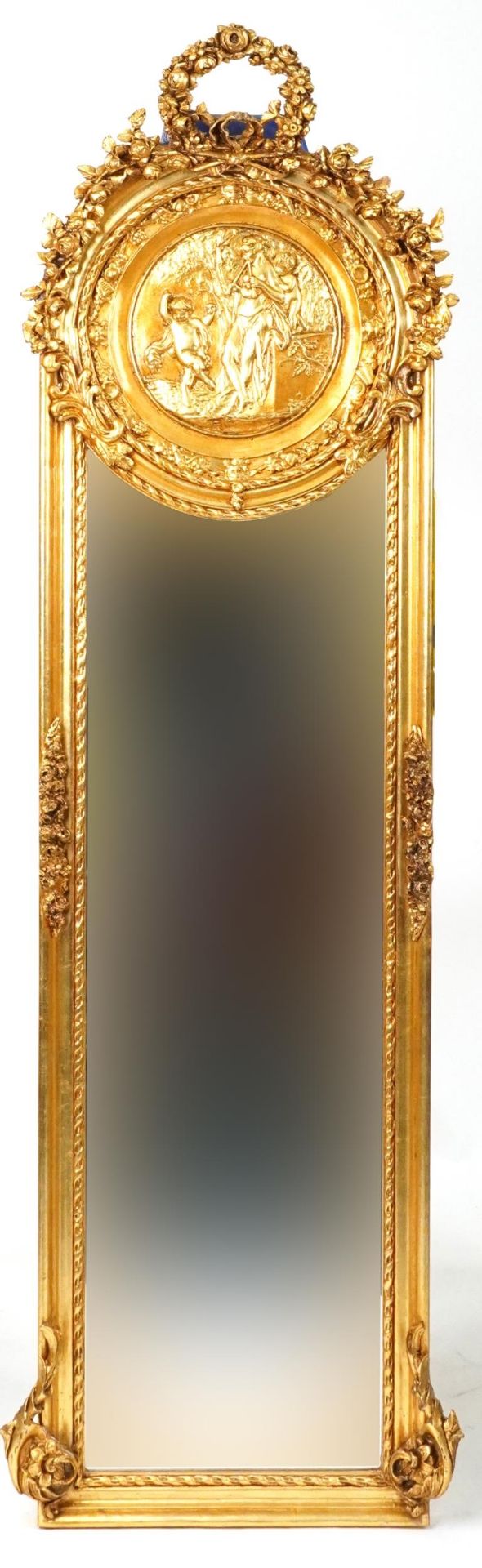 M pair of French Empire style ornate gilt framed wall mirrors with wreath crests and bevelled glass, - Bild 2 aus 6