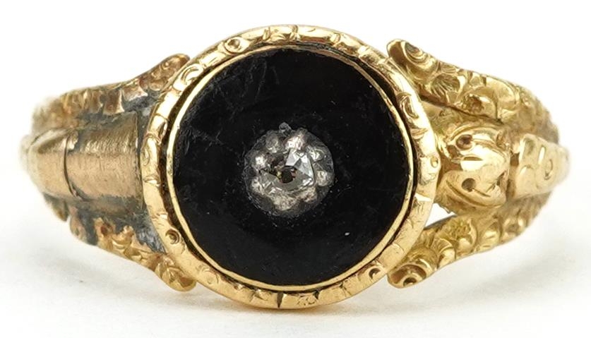 George IV 18ct gold black enamel and diamond mourning ring with ornate floral setting, engraved