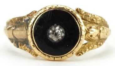 George IV 18ct gold black enamel and diamond mourning ring with ornate floral setting, engraved