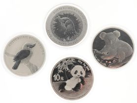 Four continental one ounce fine silver coins comprising three Australian Kookaburras and a 2020