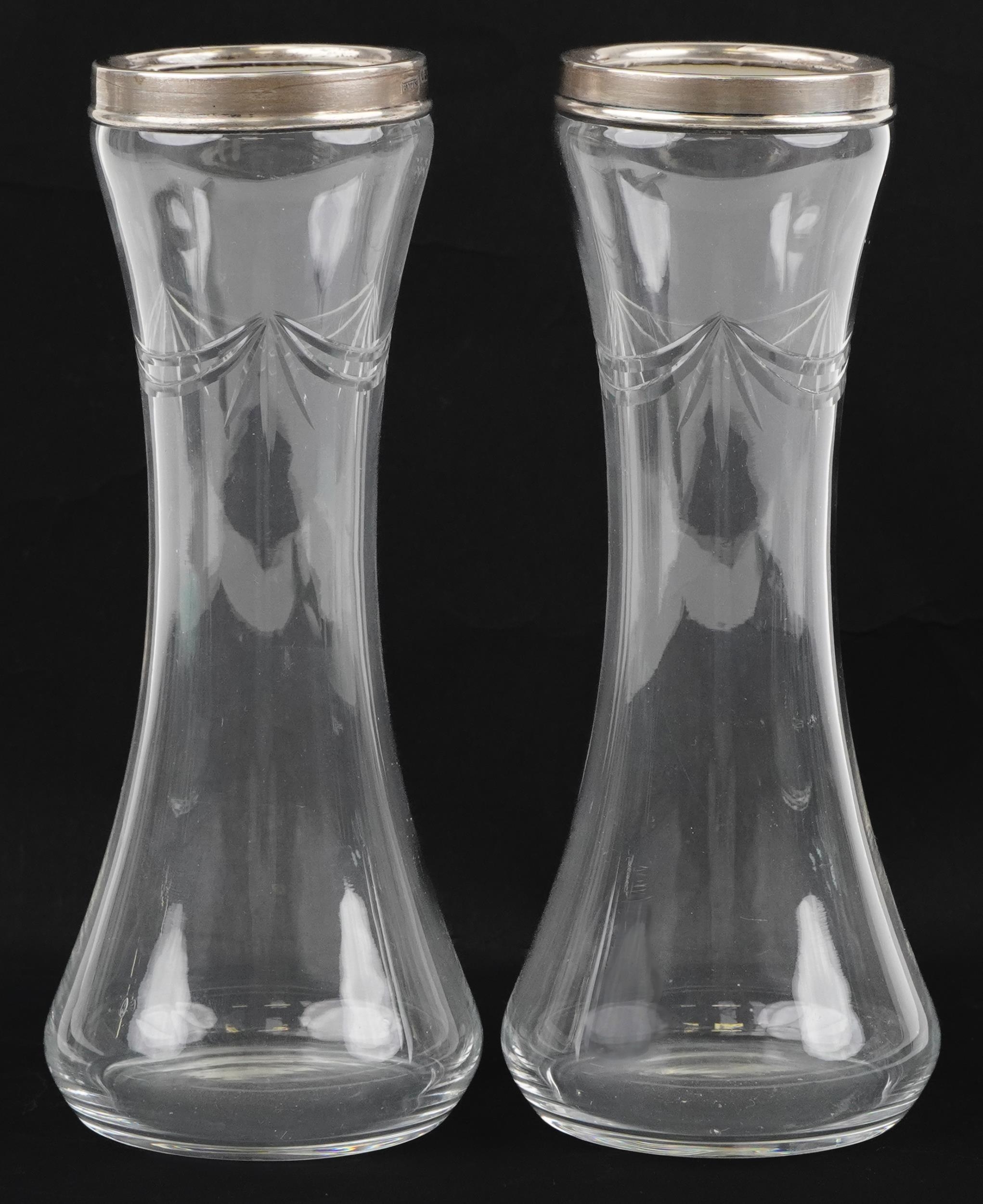 Pair of George V etched glass vases with silver collars, B M & Co maker's mark, London 1927, 20.