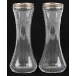 Pair of George V etched glass vases with silver collars, B M & Co maker's mark, London 1927, 20.