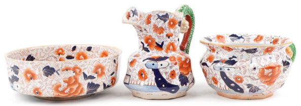 Masons style ironstone wash jug, basin and chamber pot, each decorated in the Imari palette with