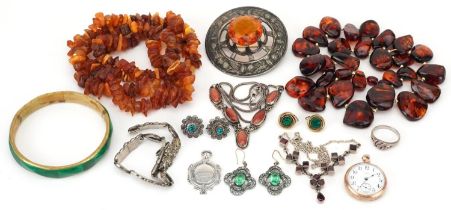 Antique and later jewellery, some silver including amber necklaces, antique style green and clear