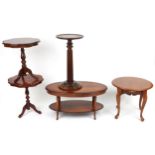 Mahogany occasional furniture comprising inlaid oval coffee table with under tier, pair of Italian