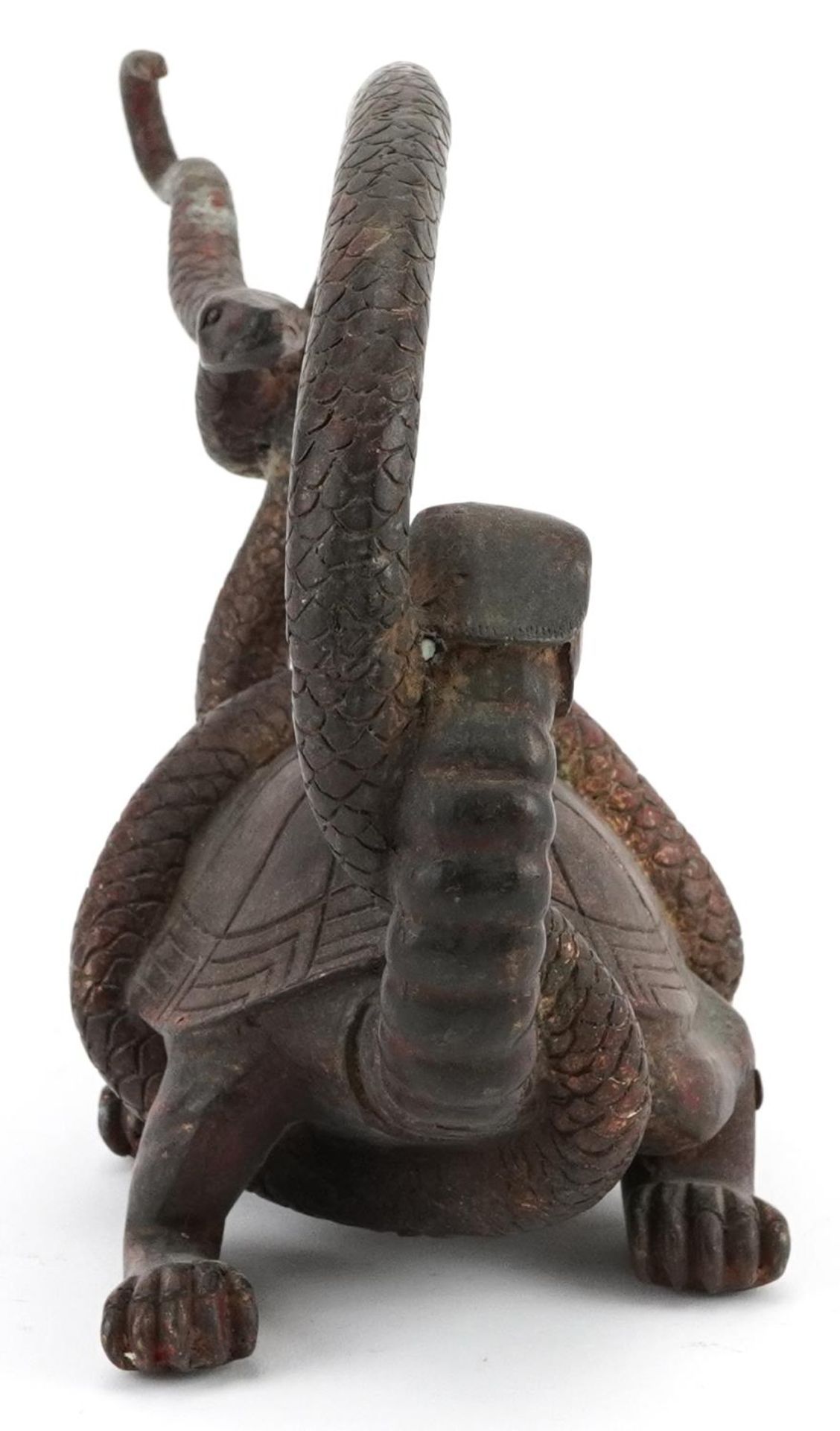 Chinese partially gilt and red lacquered bronze of a mythical tortoise and serpent, 26cm in length - Image 5 of 7