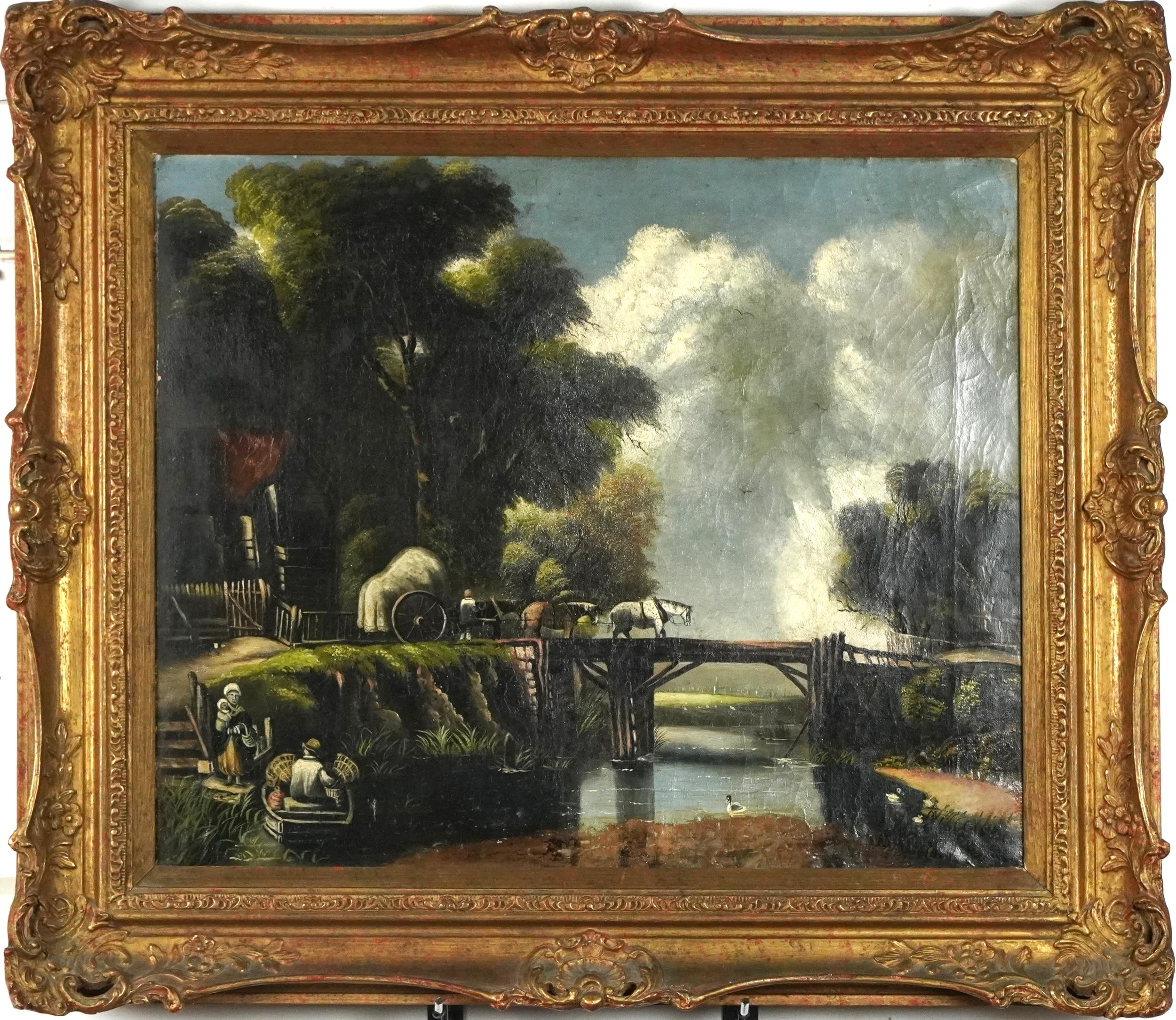 After Sir Augustus Wall Callcott - Horse drawn cart on bridge over water, English school oil on - Image 2 of 5