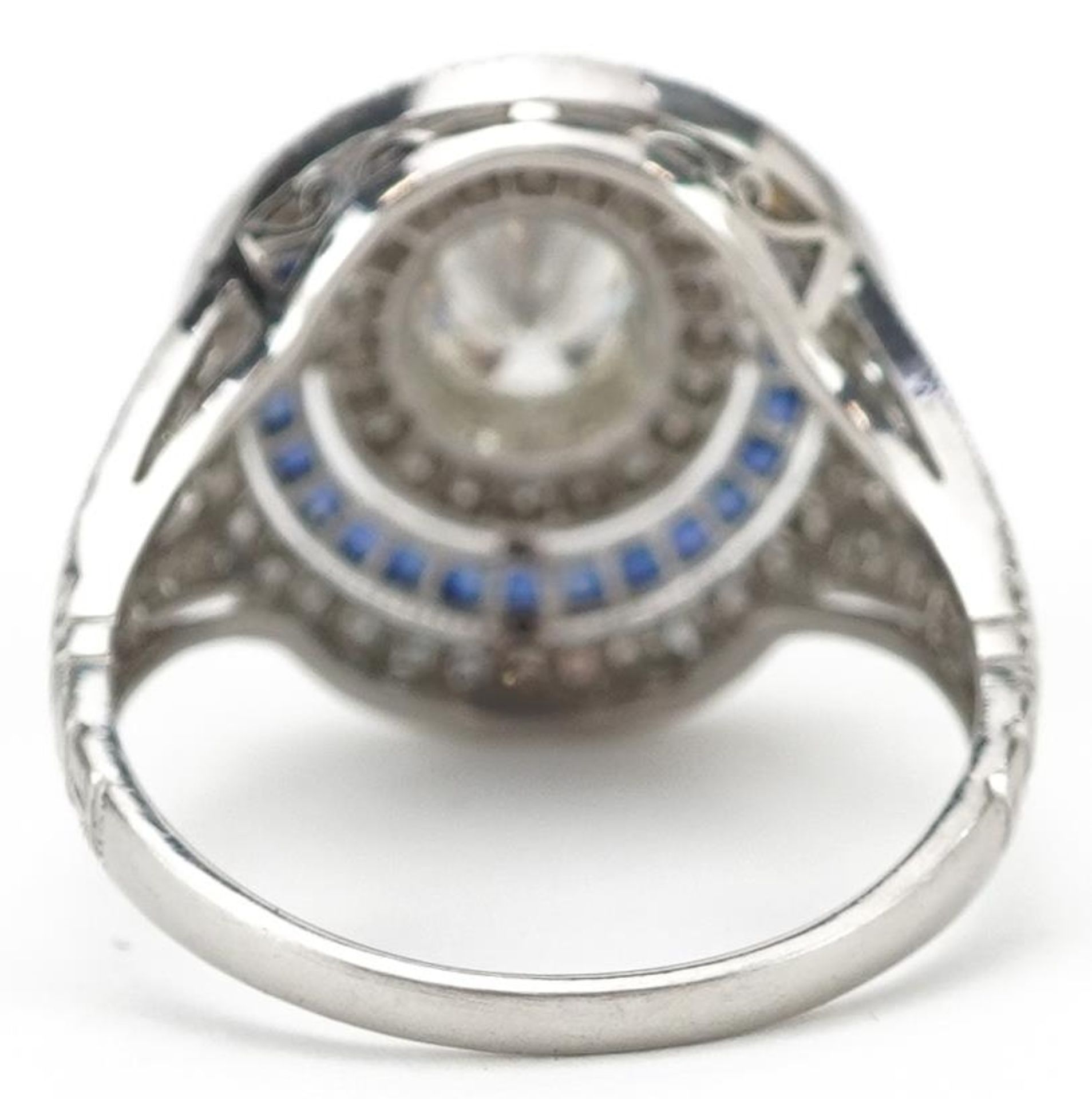 Art Deco style platinum diamond and sapphire four tier cluster ring, total diamond weight - Image 3 of 6