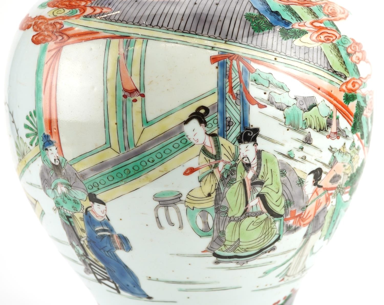 Chinese porcelain baluster vase hand painted in the famille verte palette with emperors and - Image 2 of 7