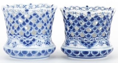 Royal Copenhagen, matched pair of Danish blue and white porcelain Musselmalet pierced vases, each