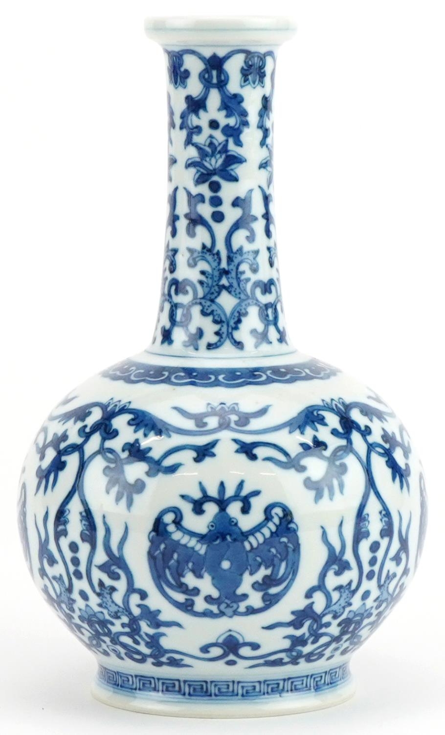 Chinese blue and white porcelain vase hand painted with stylised bats amongst scrolling foliage, six - Image 2 of 7