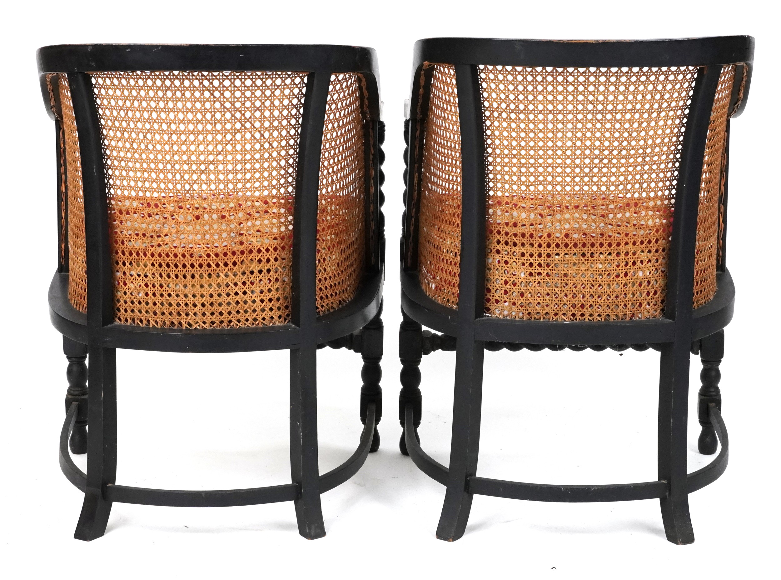 Pair of Victorian ebonised barley twist bergère tub chairs with floral upholstered cushioned - Image 4 of 4