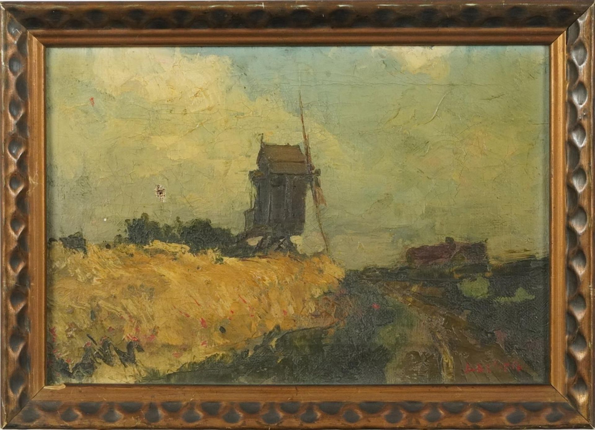 Landscape with windmill, 19th century European Impressionist oil on canvas bearing an indistinct - Bild 3 aus 8