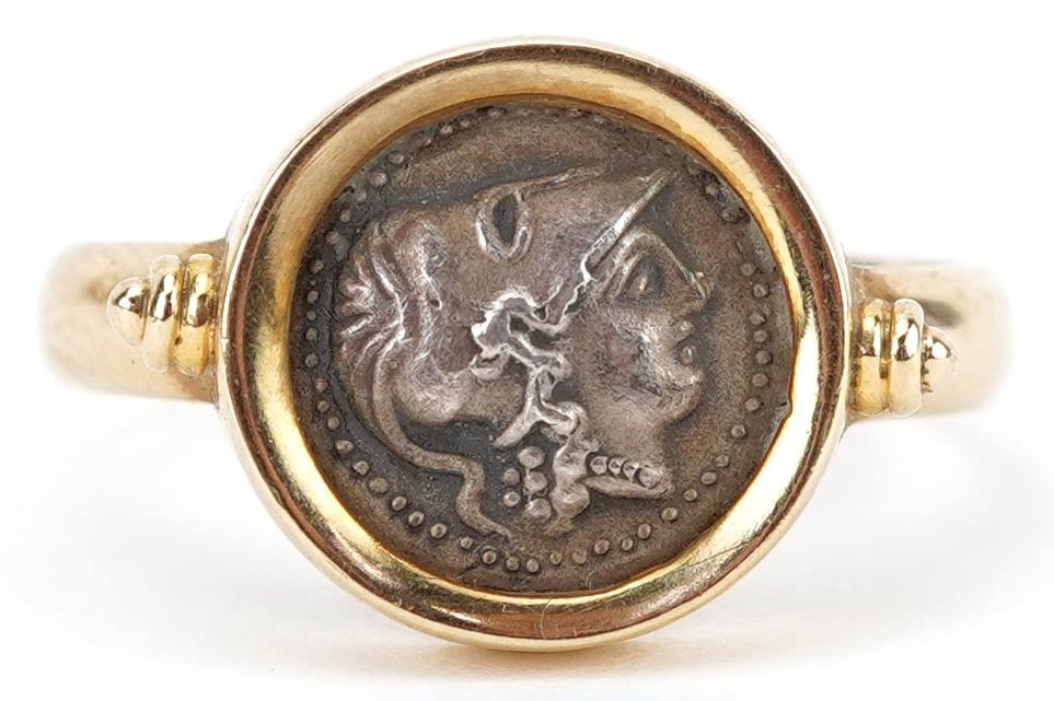 Antique Greek silver coin housed in a 14ct gold ring mount, impressed Warrior, size O/P, 4.1g