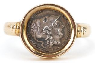 Antique Greek silver coin housed in a 14ct gold ring mount, impressed Warrior, size O/P, 4.1g