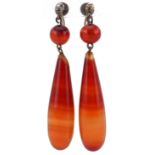 Pair of antique sterling silver agate teardrop earrings. 5.5cm high, 13.0g