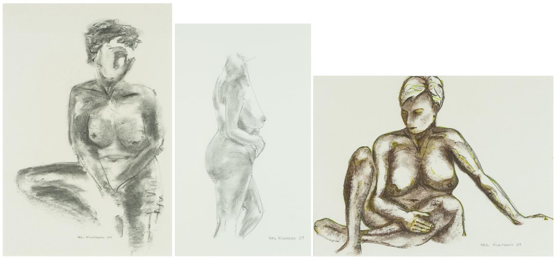 Neil Wilkinson - Nude females, three mixed medias, each mounted, one framed and glazed, the