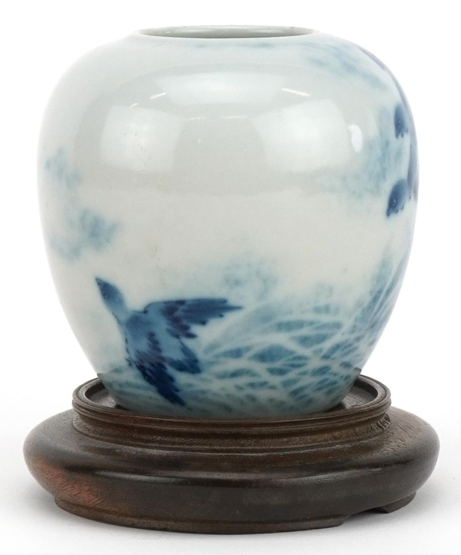 Chinese blue and white porcelain vase with hardwood stand hand painted with birds above waves, - Image 4 of 6