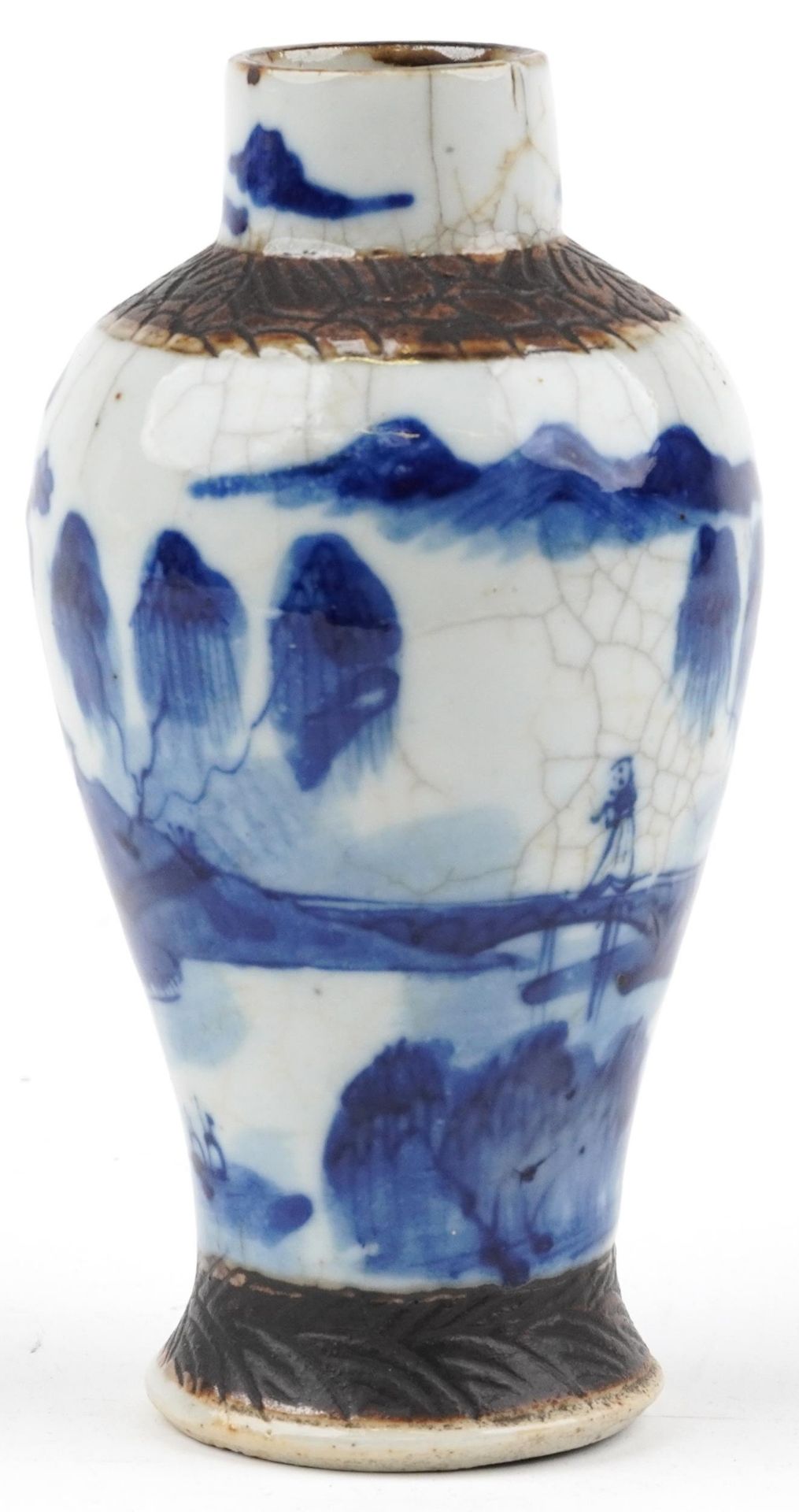 Chinese blue and white crackle glazed porcelain baluster vase hand painted with figures beside - Image 3 of 7