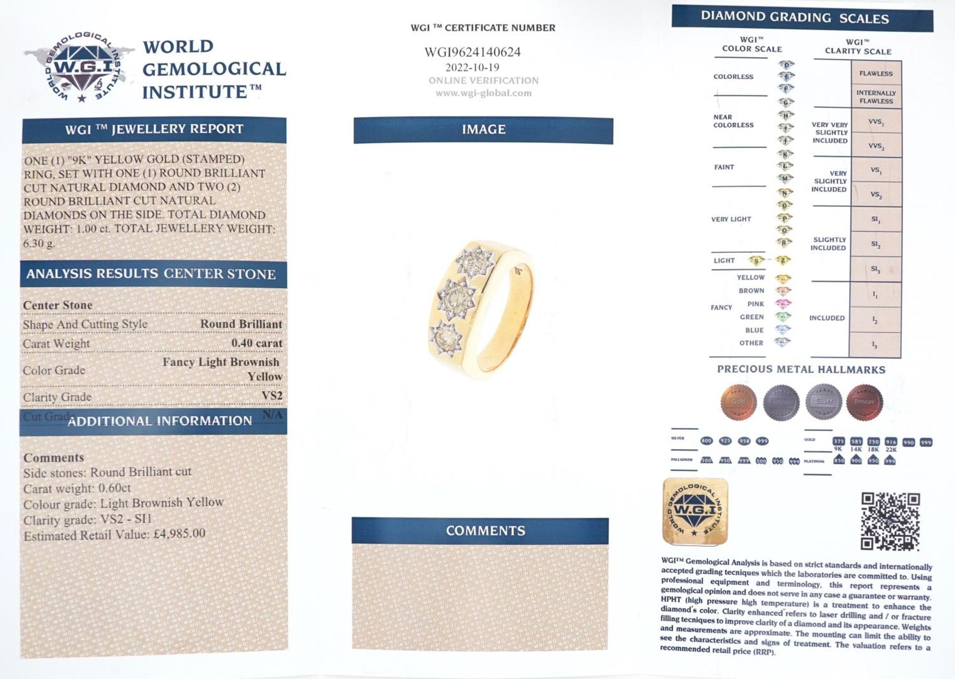 9ct gold yellow diamond three stone Gypsy ring with certificate, total diamond weight - Image 6 of 6