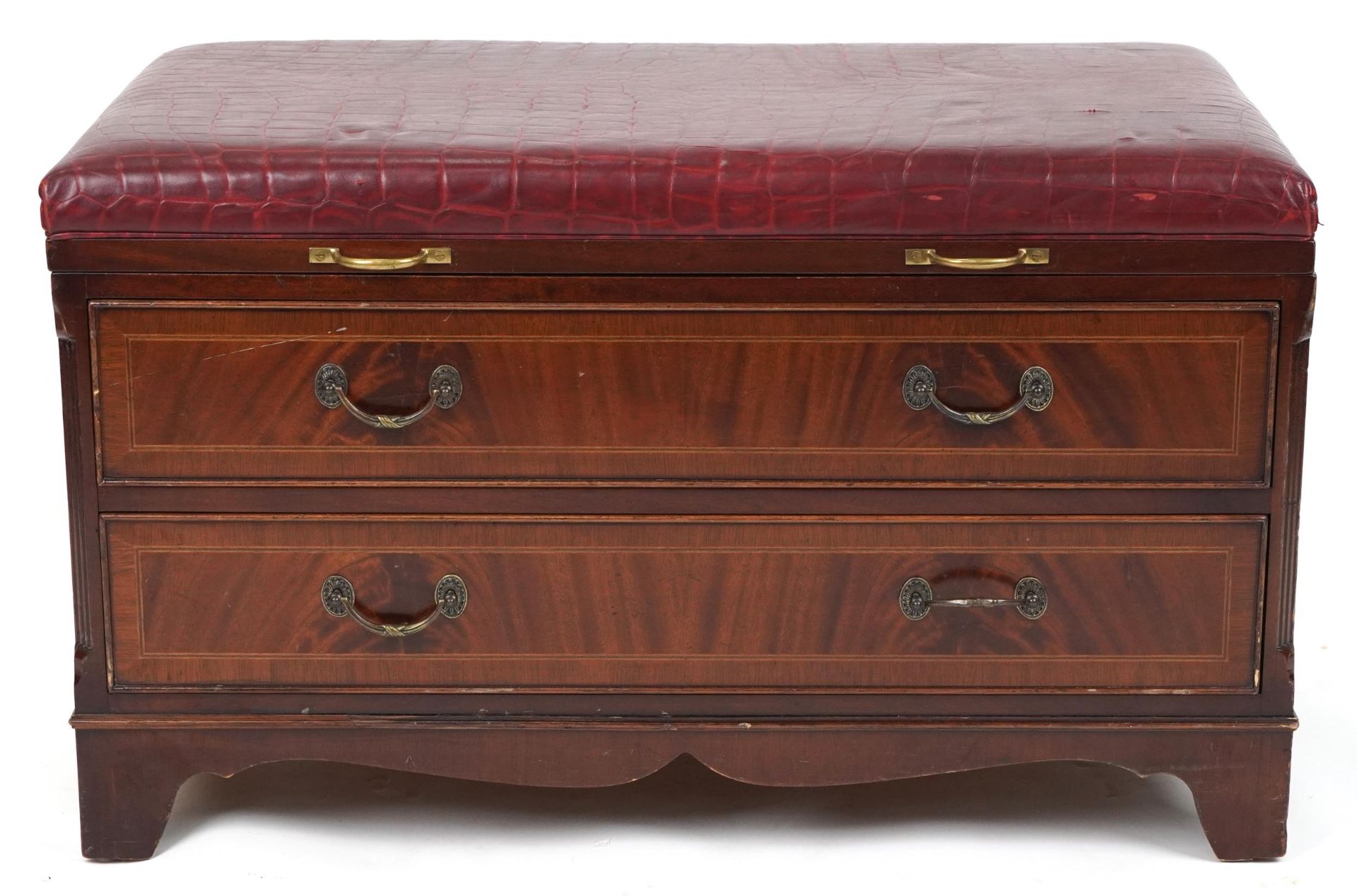 Mahogany butler's luggage stand with red leather faux crocodile skin lift up top and two drawers, - Image 3 of 5