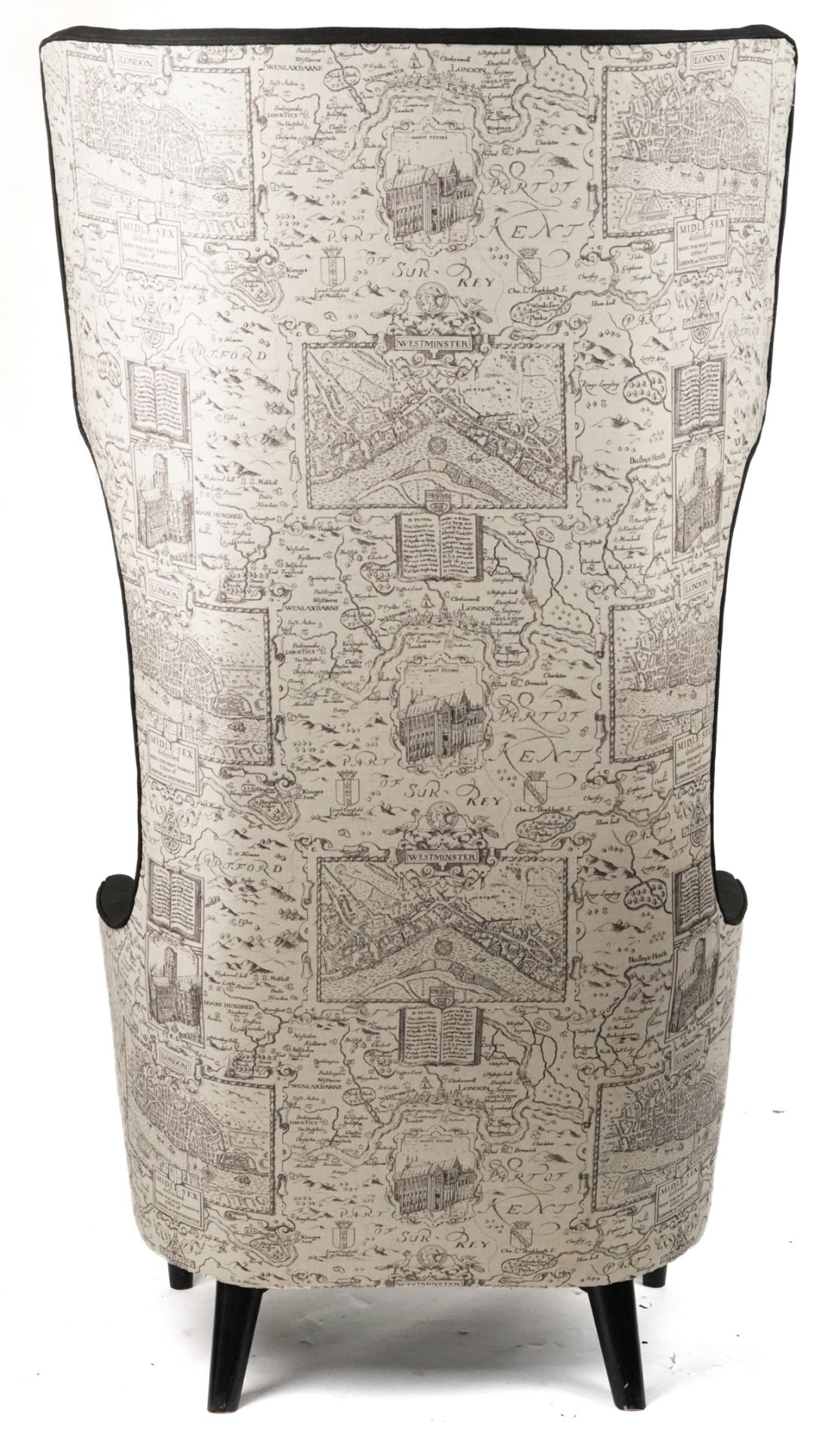 Contemporary high back throne chair upholstered with maps of London and surrounding on ebonised - Image 4 of 4