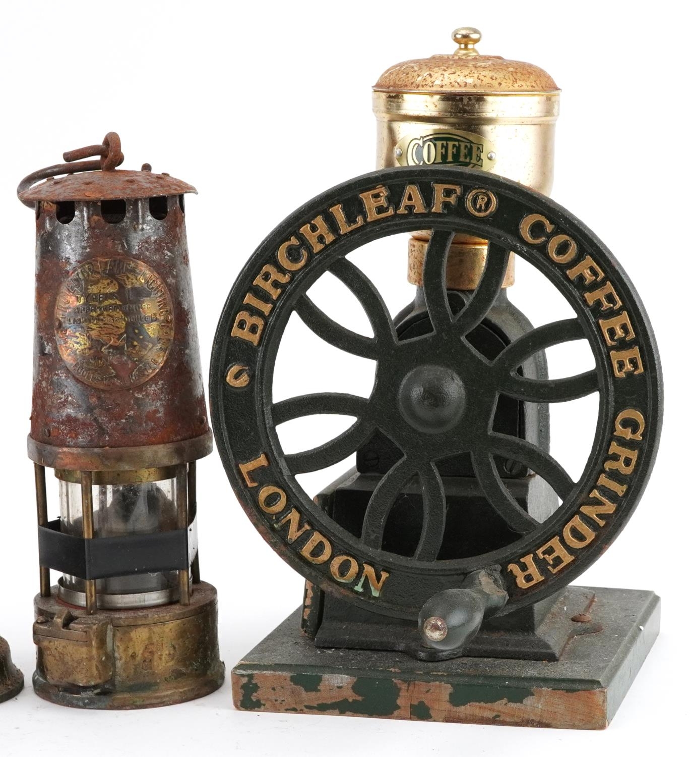 Two early 20th century miner's lamps and a Birchleaf coffee grinder, the largest 31cm high - Image 4 of 6